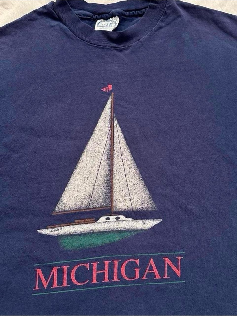 Vintage 1990s Michigan Sailboat Graphic Tee - Navy L